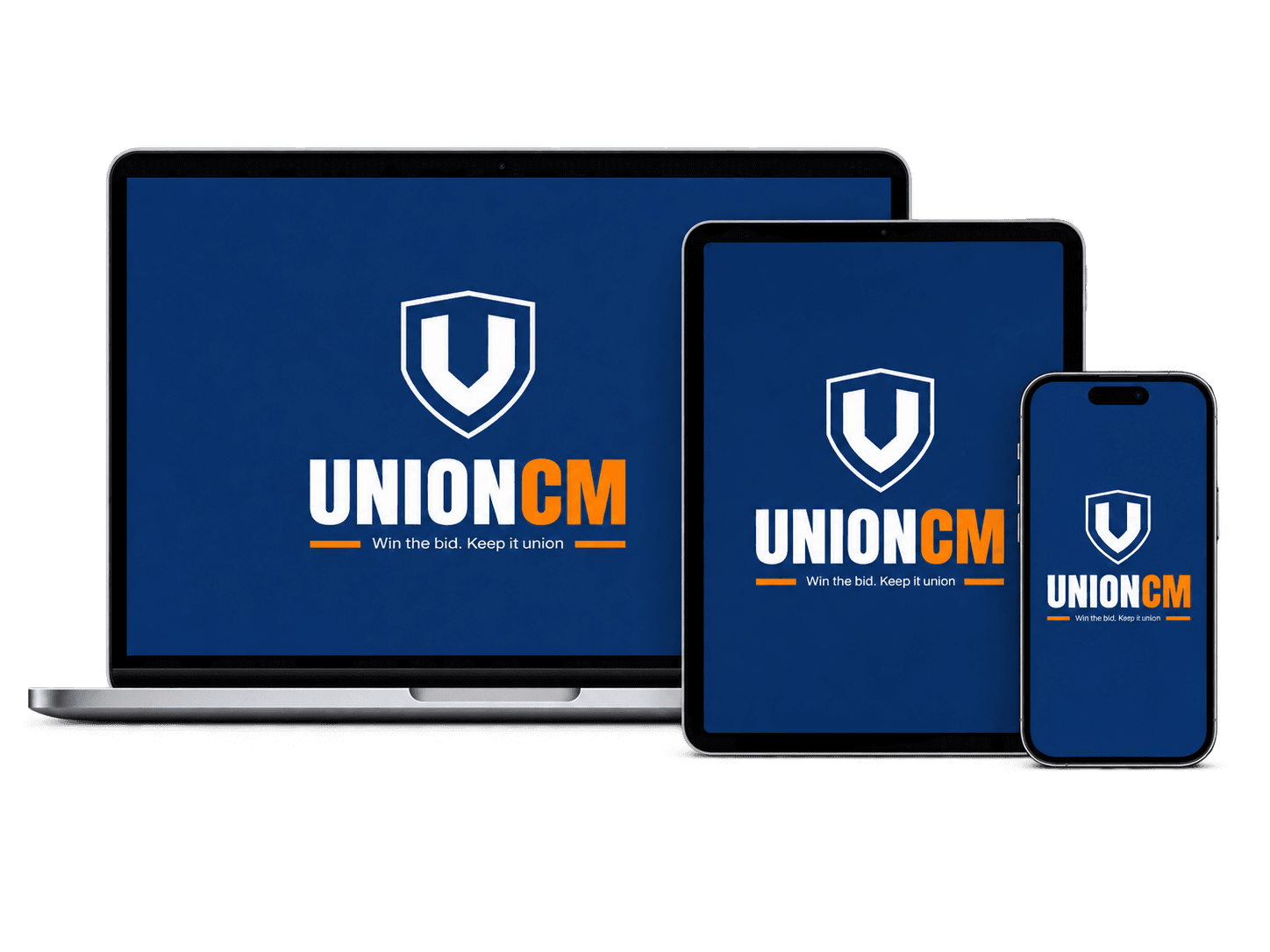 UnionCM open on a laptop, a tablet, and a phone
