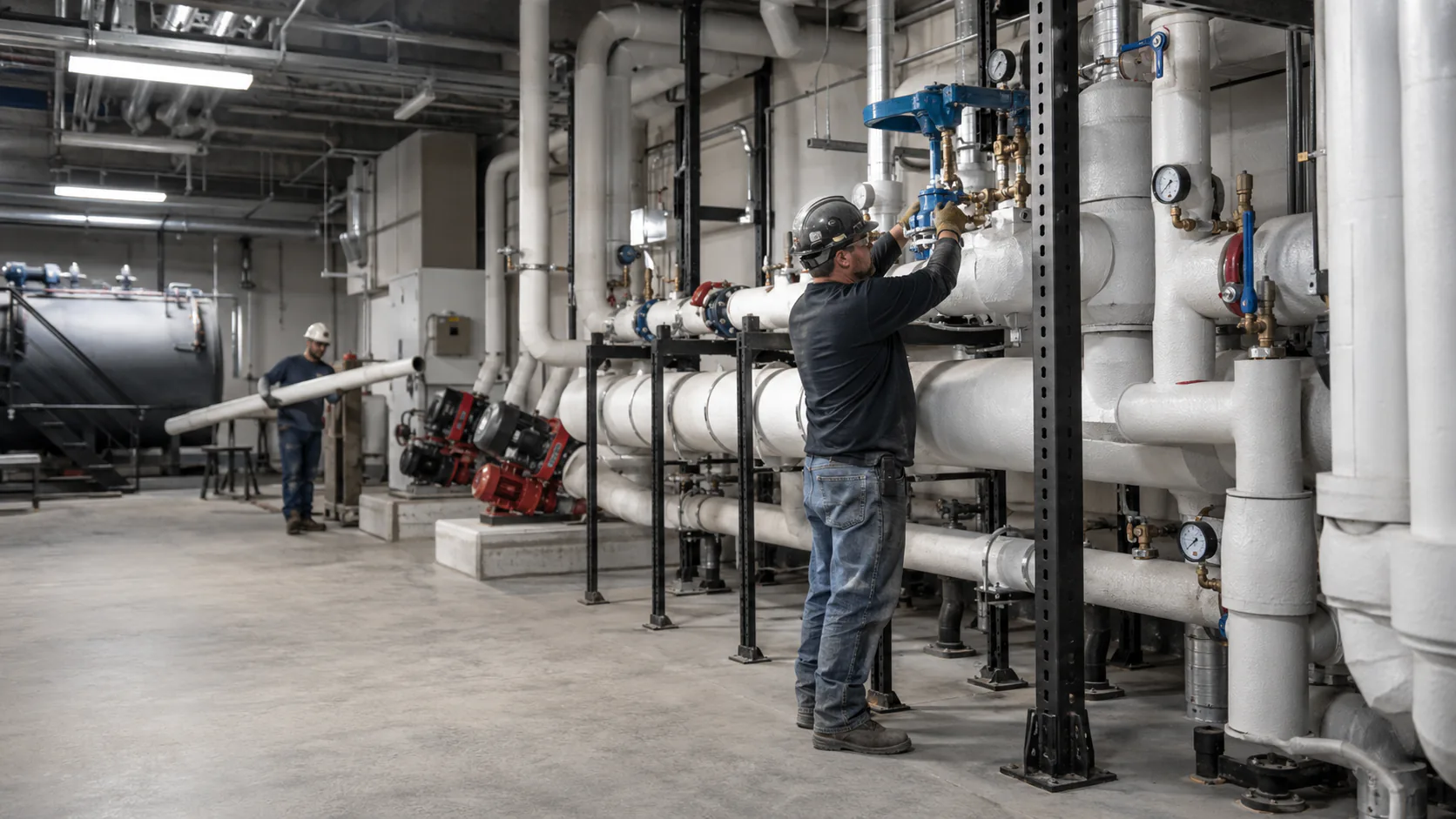 Pipefitter working a valve manifold overhead in a mechanical room