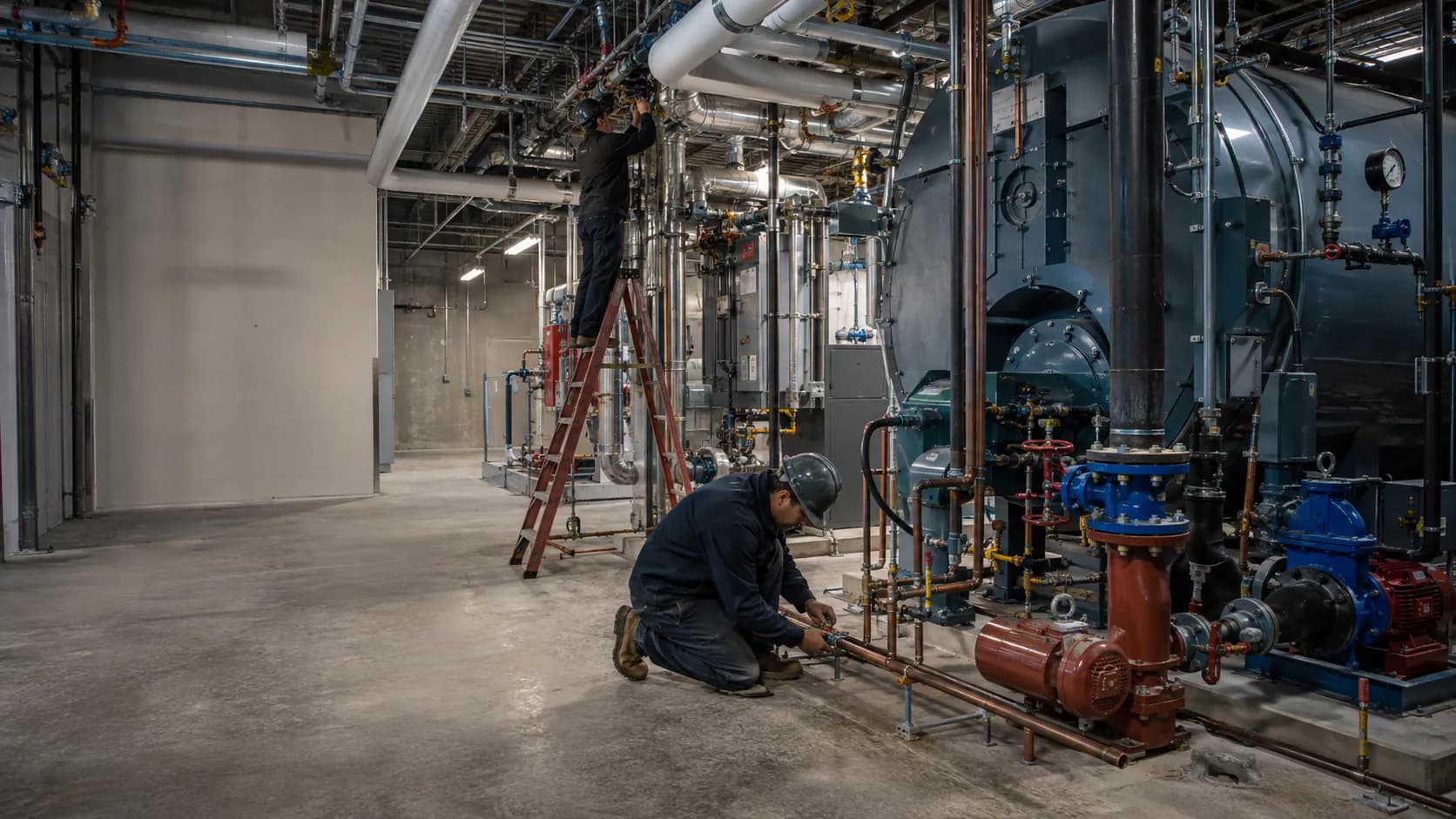 Pipefitters running copper and setting a pump in a mechanical room